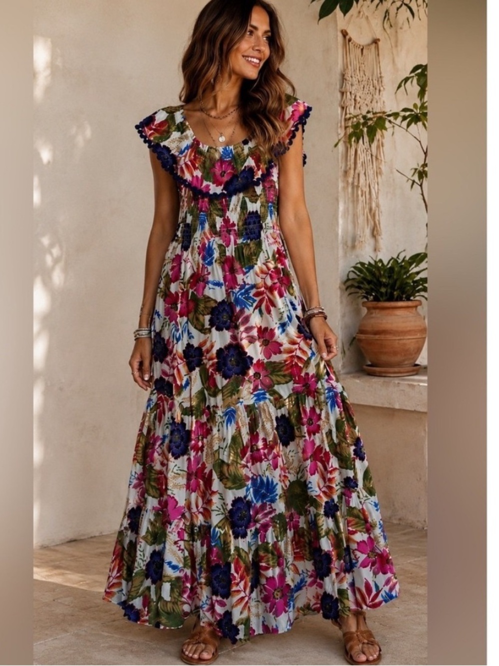 Flowy Tiered Floral Maxi Dress XS Tropical Floral Ruffle Cottage Core Pockets